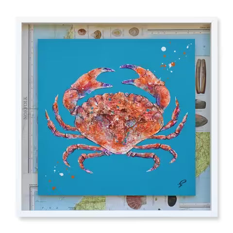 A Giles Ward original mixed media piece of a Crab against a blue background and a map of Norfolk, the title is Norfolk Crab I