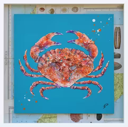 A Giles Ward original mixed media piece of a Crab against a blue background and a map of Norfolk, the title is Norfolk Crab II