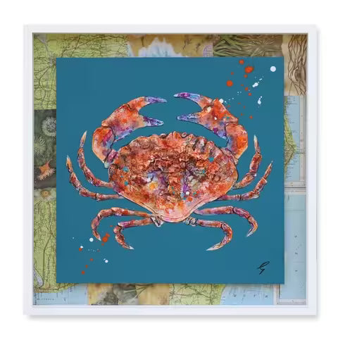 A Giles Ward Original mixed media piece of a crab against a dark blue background and a map of Norfolk, the title is Norfolk Crab II