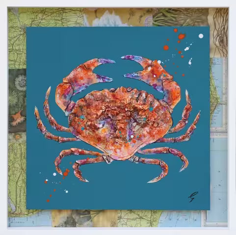 A Giles Ward Original mixed media piece of a crab against a dark blue background and a map of Norfolk, the title is Norfolk Crab II