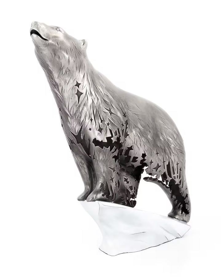 Metallic bear sculpture on a clear stand against a white background, Northern Lights by Dean Kendrick
