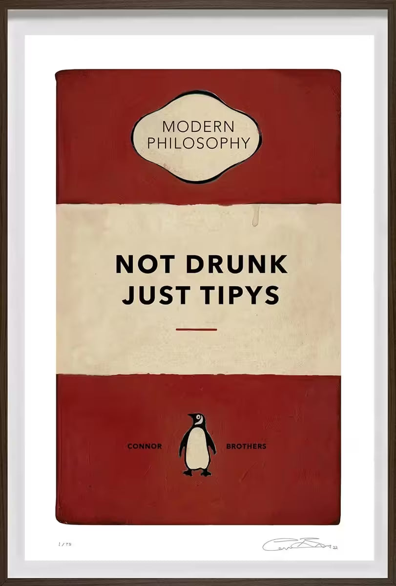 A limited edition framed print by The Connor Brothers of a penguin book cover with a witty line across the front, the title is Not Drunk Just Tipys (Red)