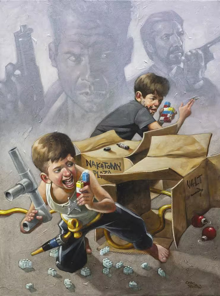 A Craig Davison limited edition piece of two boys pretending to sneak around each other on walkie talkies, the title is Now I Have A Machine Gun, Ho Ho Ho