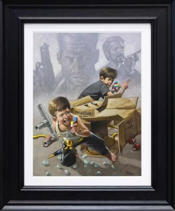 A Craig Davison limited edition piece of two boys pretending to sneak around each other on walkie talkies, the title is Now I Have A Machine Gun, Ho Ho Ho