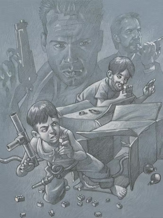A Craig Davison limited edition of two boys playing pretend with fake walkie talkies and cardboard boxes, the title is Now I Have a Machine Gun, Ho Ho Ho (Sketch)