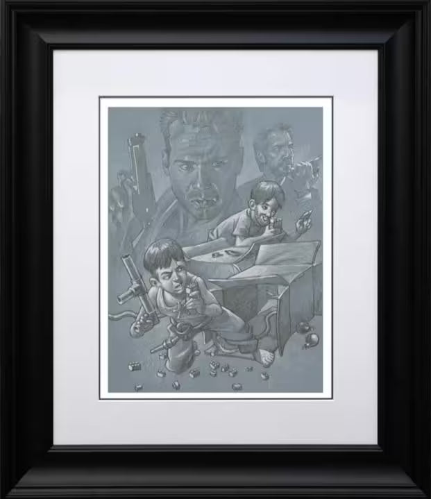 A Craig Davison limited edition of two boys playing pretend with fake walkie talkies and cardboard boxes, the title is Now I Have a Machine Gun, Ho Ho Ho (Sketch)