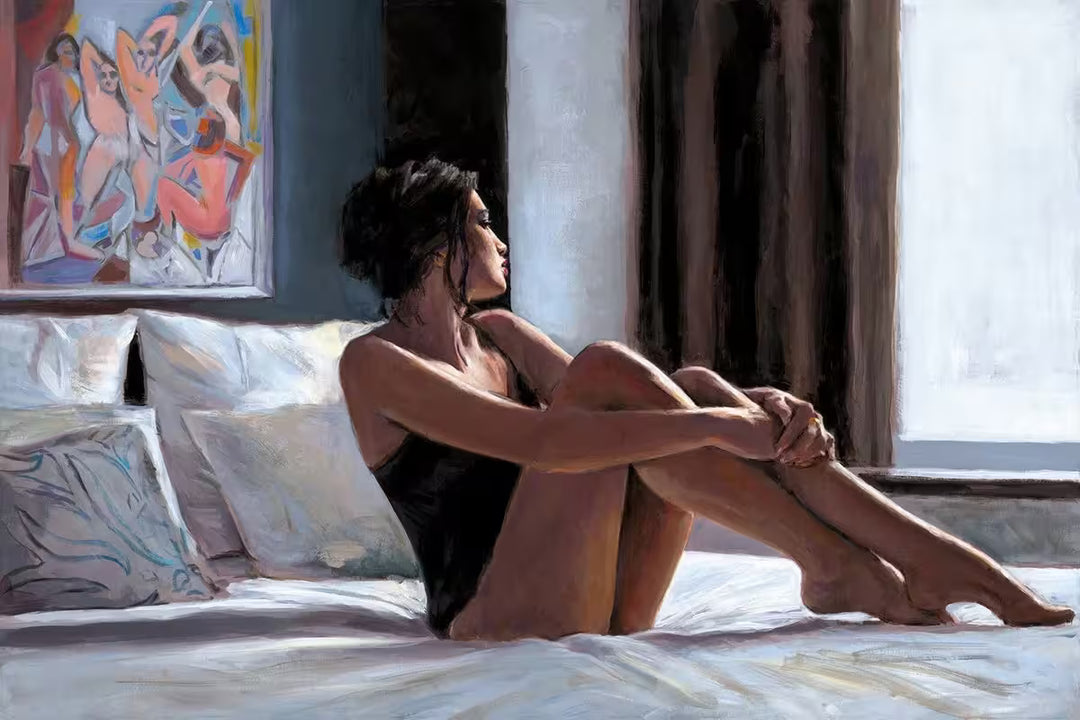 A Fabian Perez limited edition of a lady on a bed looking out of a window, the title is Olga y Les Desmoiselles