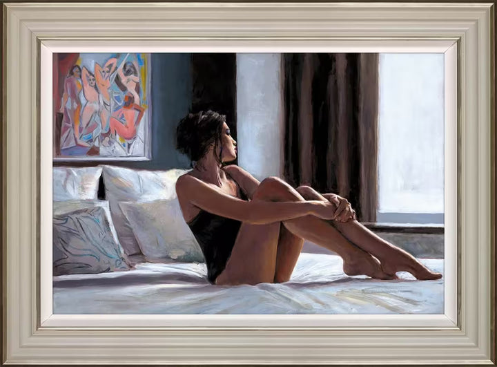 A Fabian Perez framed limited edition of a lady on a bed looking out of a window, the title is Olga y Les Desmoiselles