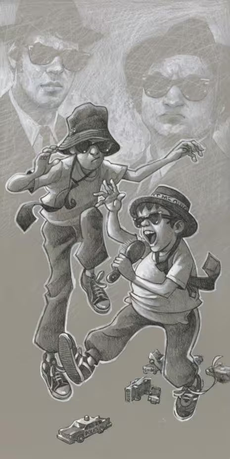 A Craig Davison limited edition of two boys playing pretend in hats and sunglasses, the title is On a Mission (Sketch)