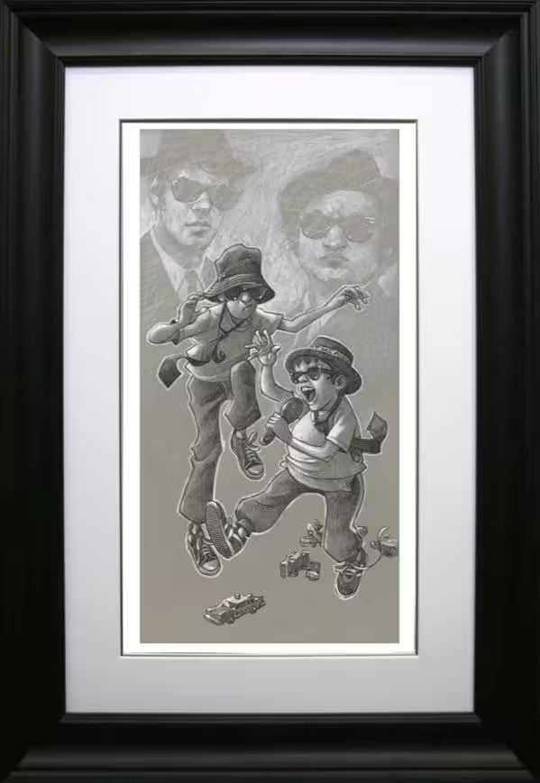 A Craig Davison limited edition of two boys playing pretend in hats and sunglasses, the title is On a Mission (Sketch)