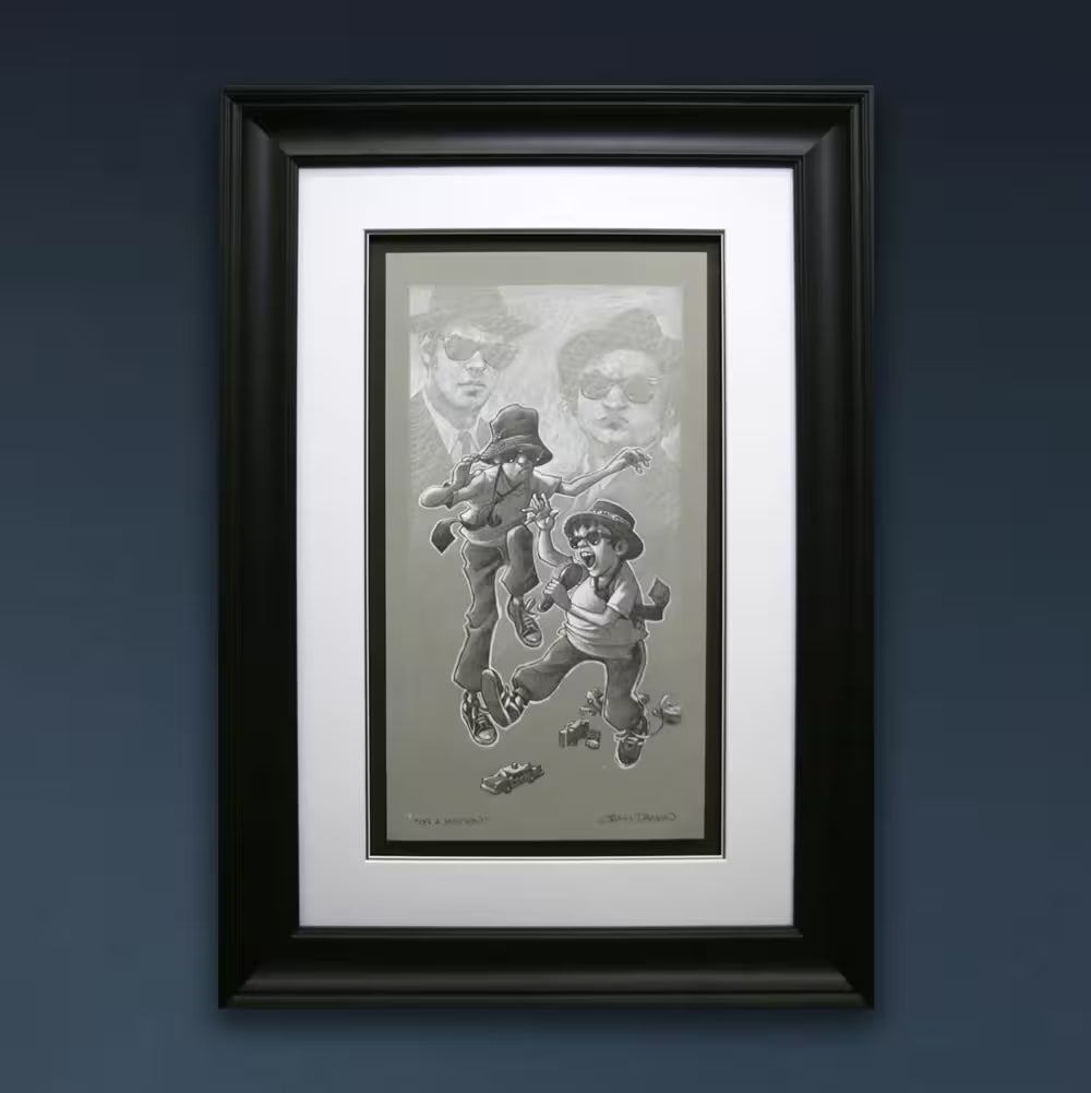 A Craig Davison limited edition of two boys playing pretend in hats and sunglasses, the title is On a Mission (Sketch)