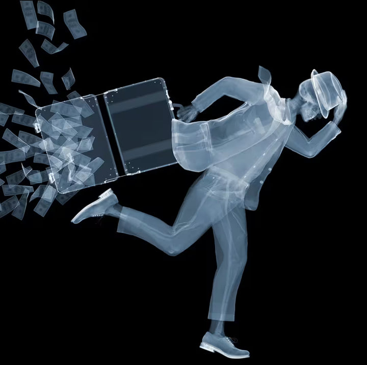 A limited edition Chromaluxe print by Nick Veasey of an X-Rayed businessman running with money falling out of their bag, the title is On The Run