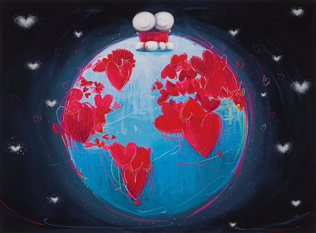 On Top of the World by Doug Hyde, featuring two smiling figures perched on a blue globe surrounded by red hearts and stars.