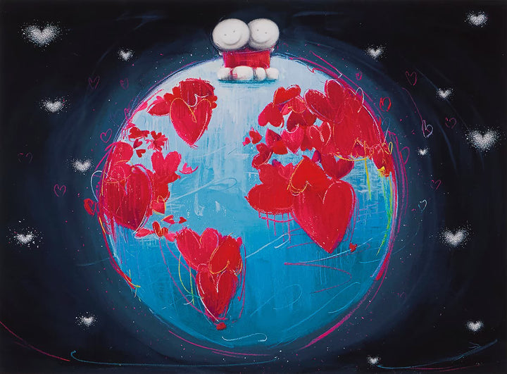 On Top of the World by Doug Hyde, featuring two smiling figures perched on a blue globe surrounded by red hearts and stars.