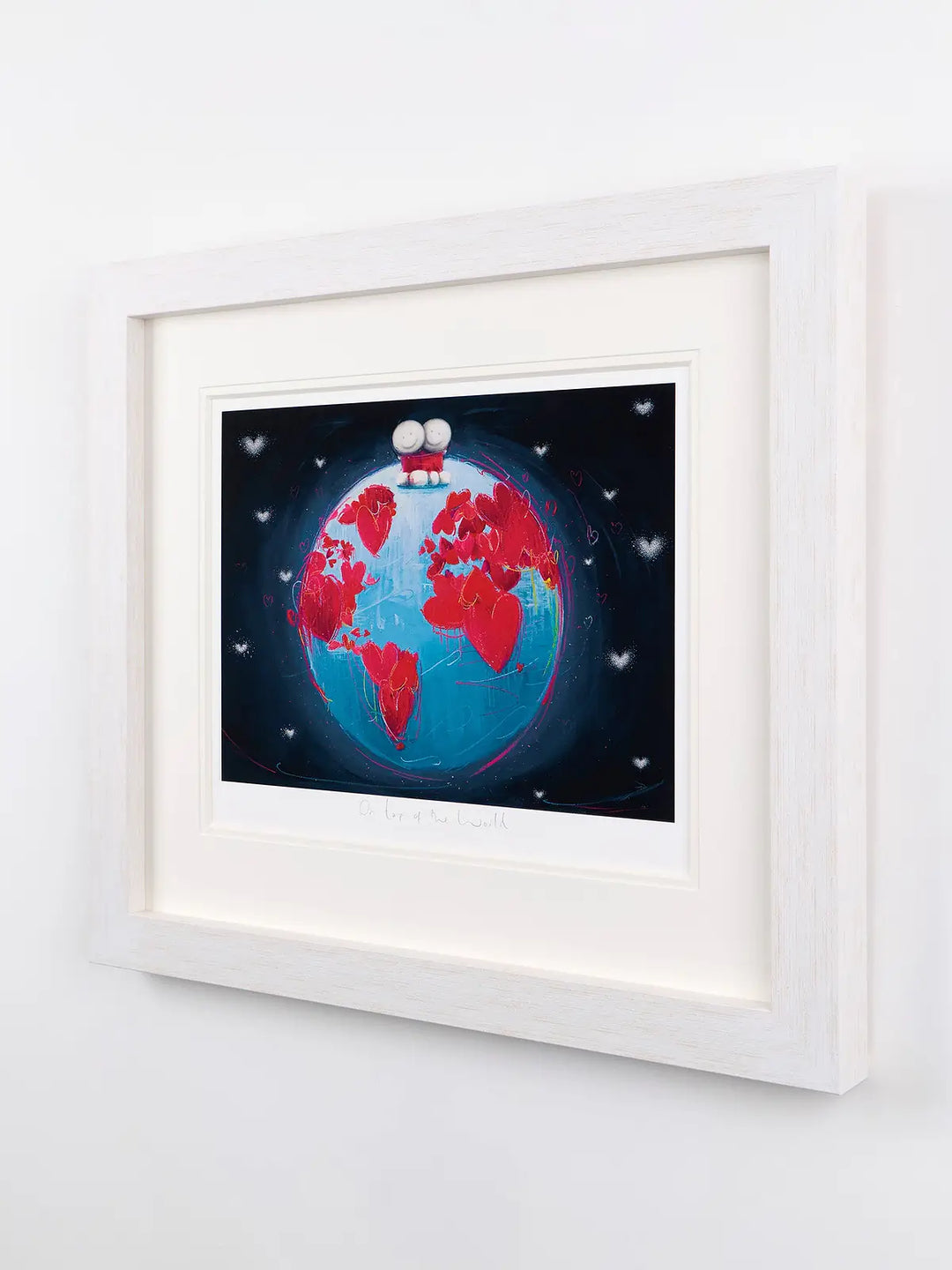 Doug Hyde “On Top of the World” artwork showing two figures sitting on a blue globe covered in red hearts against a dark sky.