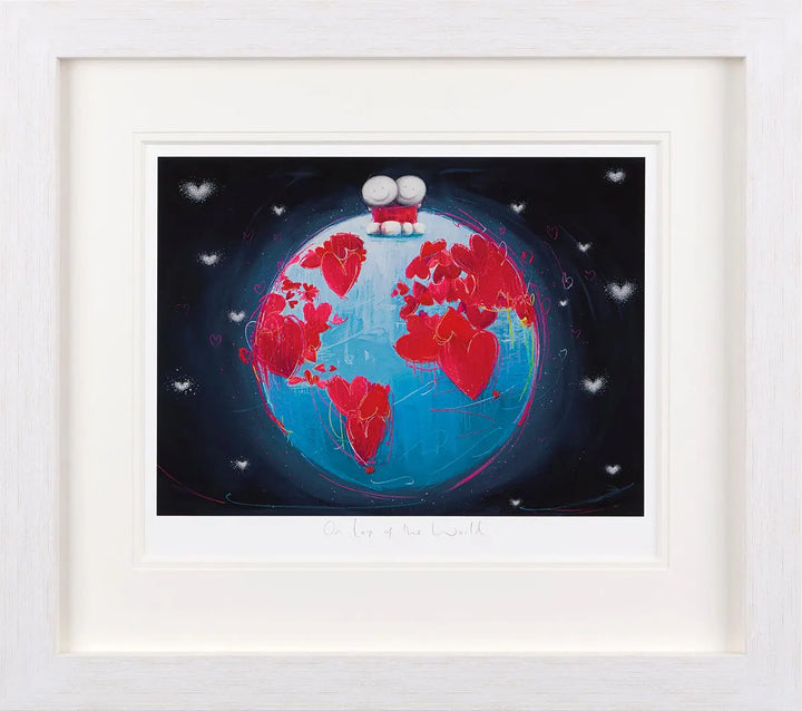 Doug Hyde’s “On Top of the World” depicting two characters sitting together atop a heart-filled globe, celebrating love and connection.