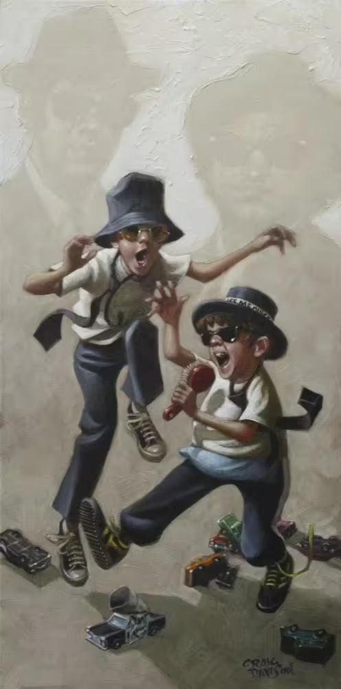 A Craig Davison limited edition of two boys dancing around cars with hats and sunglasses on, the title is On a Mission