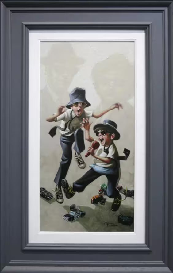 A Craig Davison limited edition of two boys dancing around cars with hats and sunglasses on, the title is On a Mission