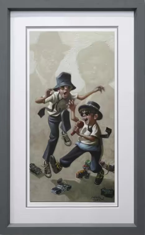 A Craig Davison limited edition of two boys dancing around cars with hats and sunglasses on, the title is On a Mission