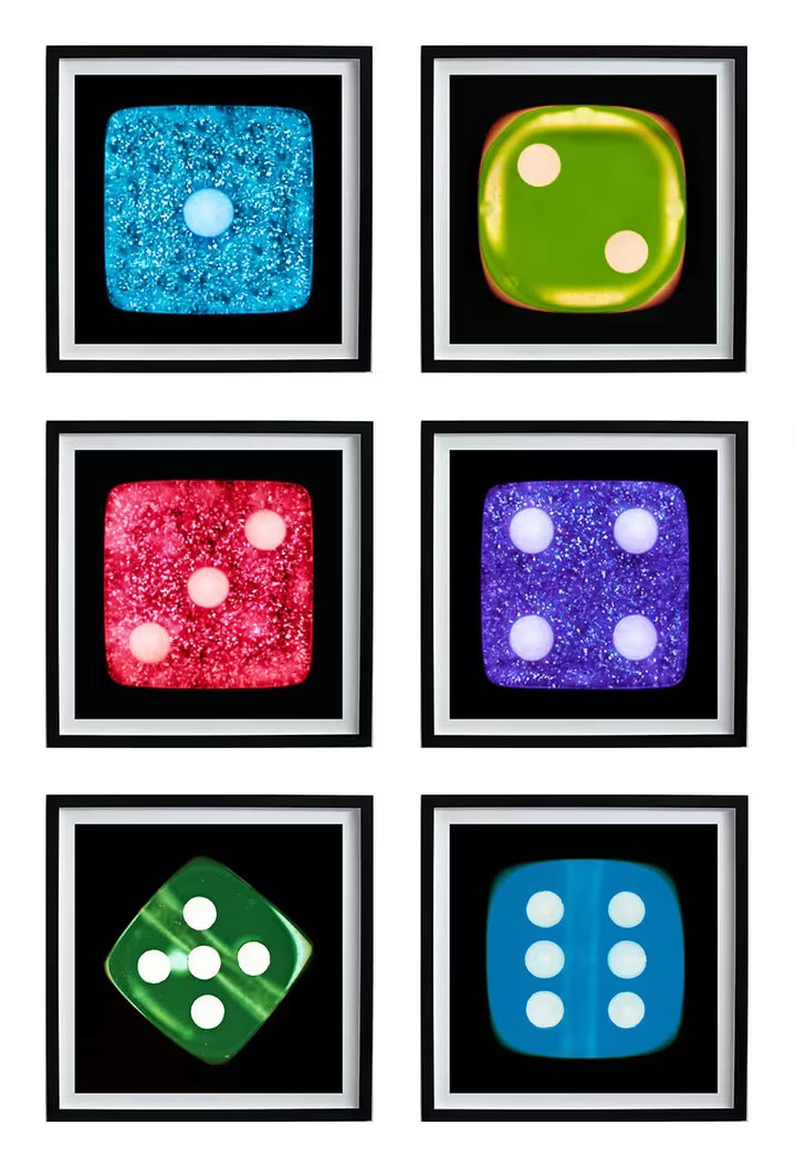 A limited edition set of photographs by Richard Heeps using vibrant colours, the title is Dice Series Set of Six