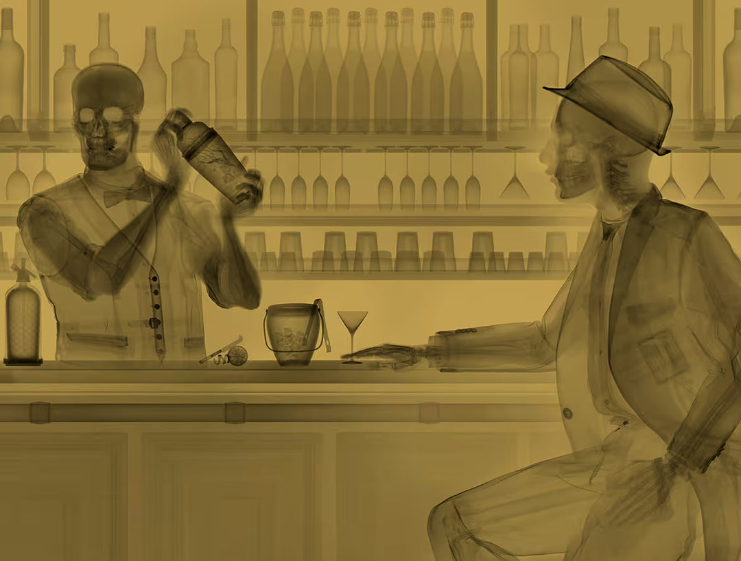 A Nick Veasey limited edition chromaluxe Xray of somebody behind a bar shaking a drink and somebody sat waiting for a drink, the title is One For The Road Gold
