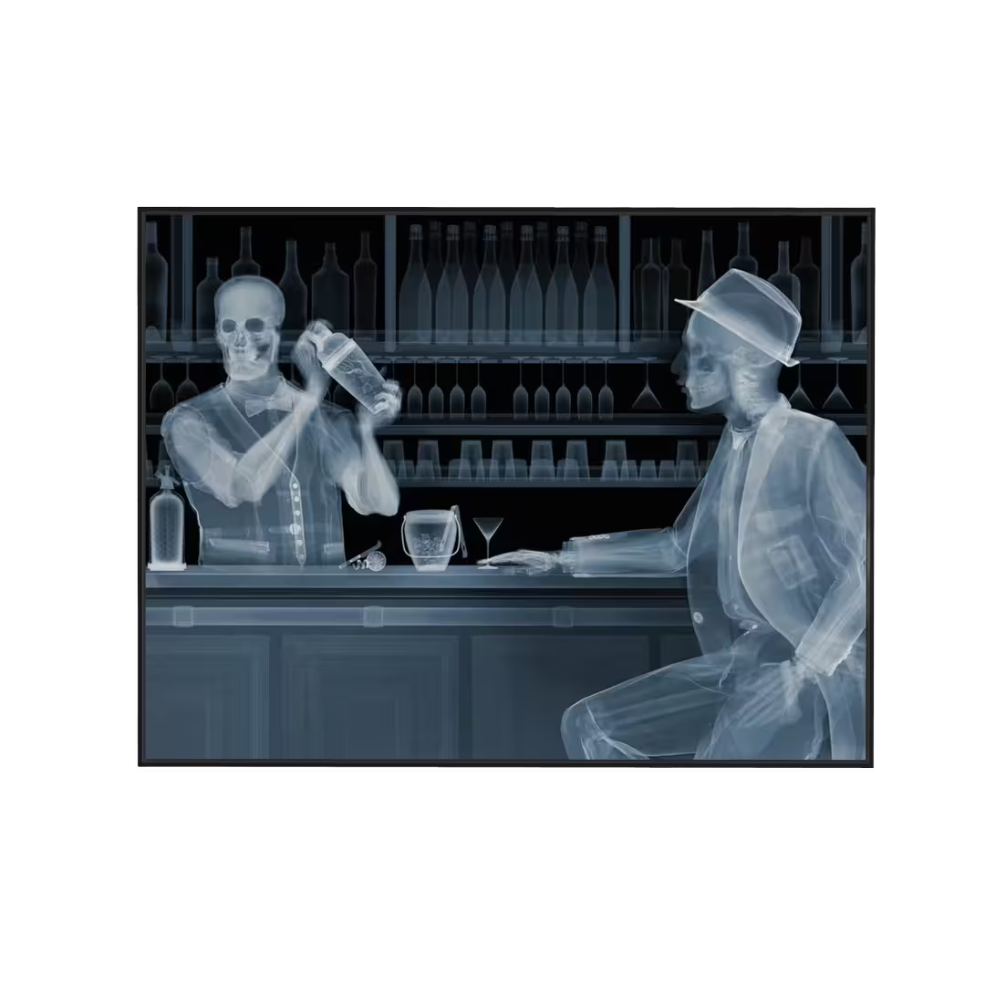 A Nick Veasey limited edition Chromaluxe Xray of a person behind a bar shaking a drink and a person sat in front waiting for a drink, the title is One For The Road
