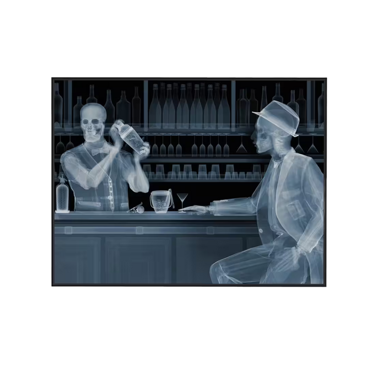 A Nick Veasey limited edition Chromaluxe Xray of a person behind a bar shaking a drink and a person sat in front waiting for a drink, the title is One For The Road