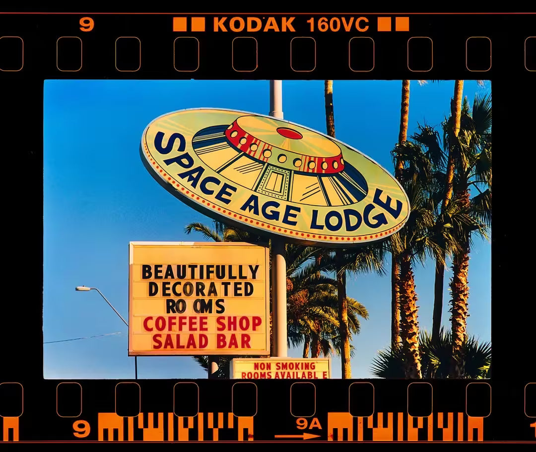 A limited edition photograph by Richard Heeps using vibrant colours, the title is On the Road Space Age Lodge, Gila Bend, Arizona, 2001