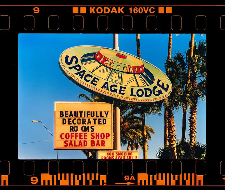 A limited edition photograph by Richard Heeps using vibrant colours, the title is On the Road Space Age Lodge, Gila Bend, Arizona, 2001