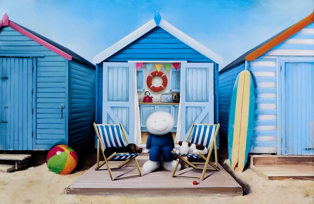 Doug Hyde “Our Favourite Days” artwork depicting a smiling figure relaxing between deckchairs outside colourful beach huts, with surfboard and seaside details.