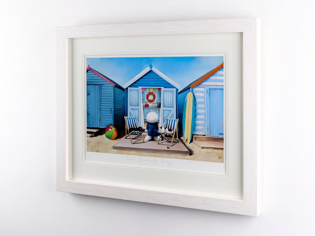 Doug Hyde beach artwork “Our Favourite Days” featuring a smiling figure relaxing outside colourful seaside huts.