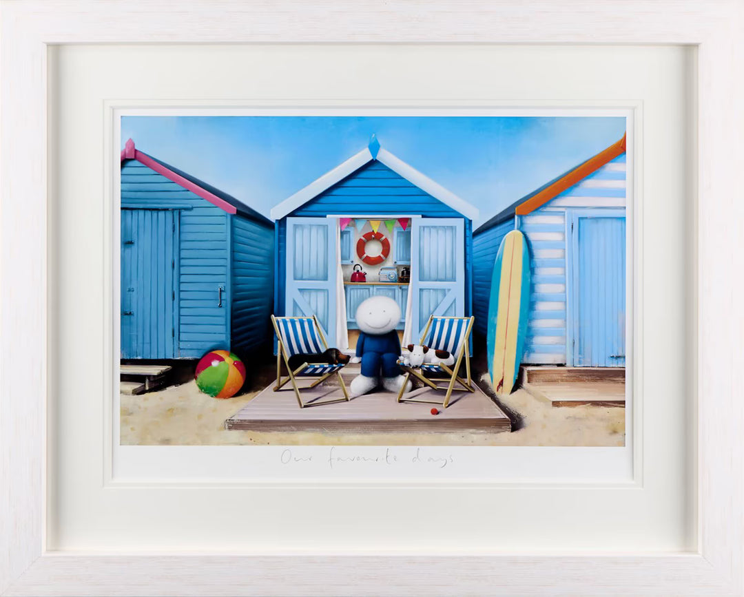 Doug Hyde’s “Our Favourite Days” capturing a carefree seaside moment with a smiling figure outside beach huts, surrounded by deckchairs, surfboard and summer beach colours.