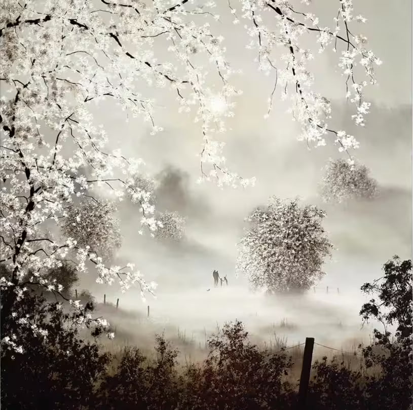 A John Waterhouse limited edition of a misty forest with lots of blossoming trees and a family in the distance, the title is Our Favourite Place