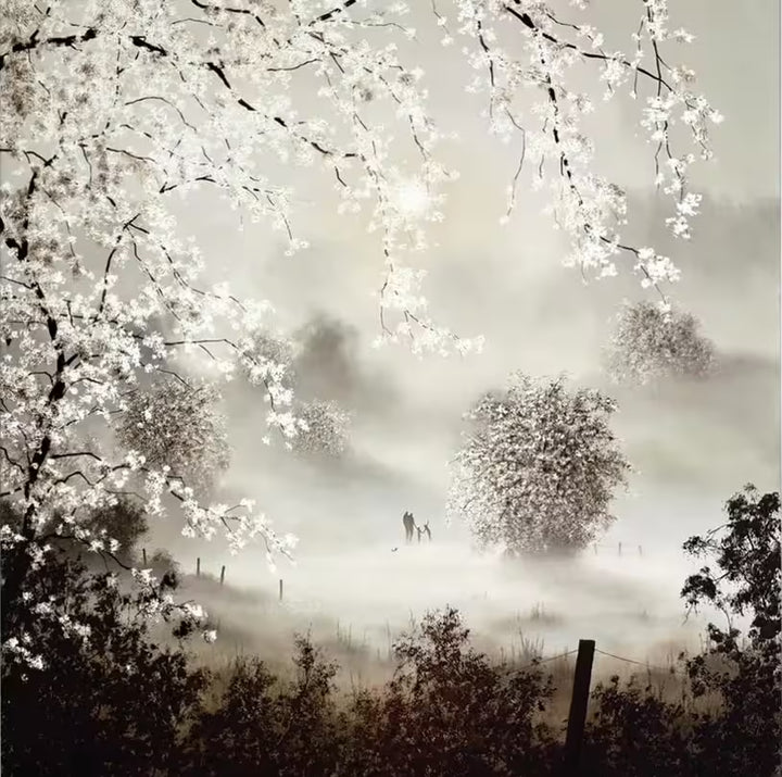 A John Waterhouse limited edition of a misty forest with lots of blossoming trees and a family in the distance, the title is Our Favourite Place