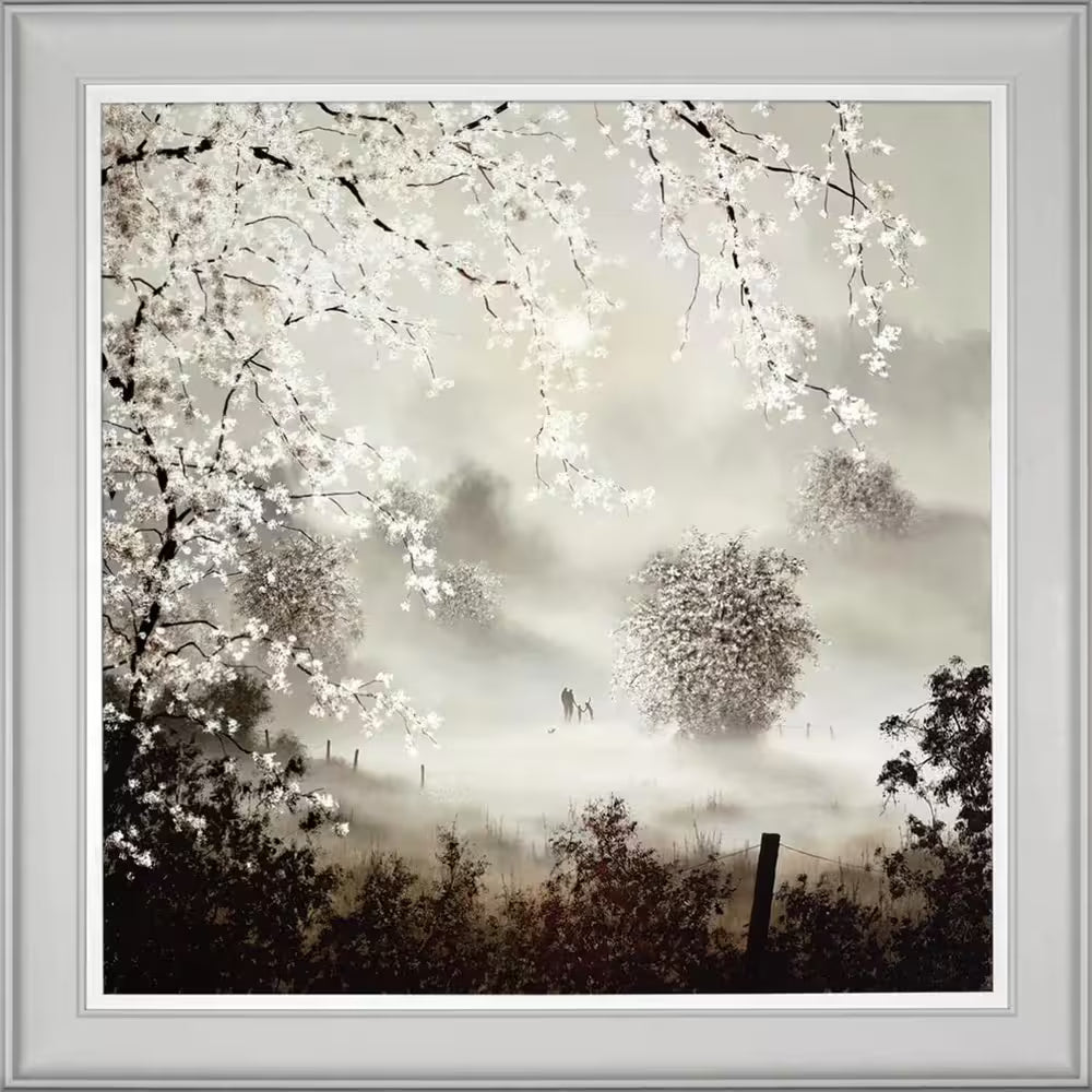 A John Waterhouse limited edition of a misty forest with lots of blossoming trees and a family in the distance, the title is Our Favourite Place