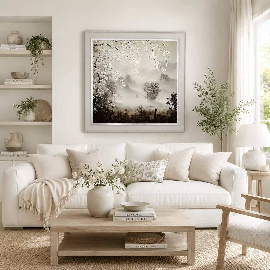 A John Waterhouse limited edition of a misty forest with lots of blossoming trees and a family in the distance, the title is Our Favourite Place