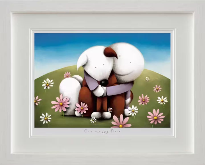 A Doug Hyde framed limited edition print of a person hugging a dog, they&