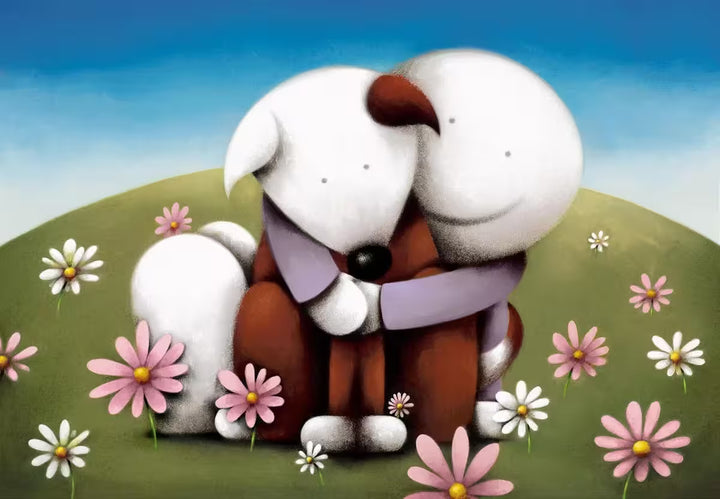A Doug Hyde limited edition print of a person hugging a dog, they&