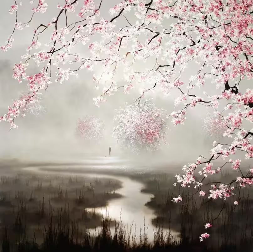 A John Waterhouse limited edition of a misty river with somebody walking in the distance and pink cherry blossoms in view, the title is Out In Nature