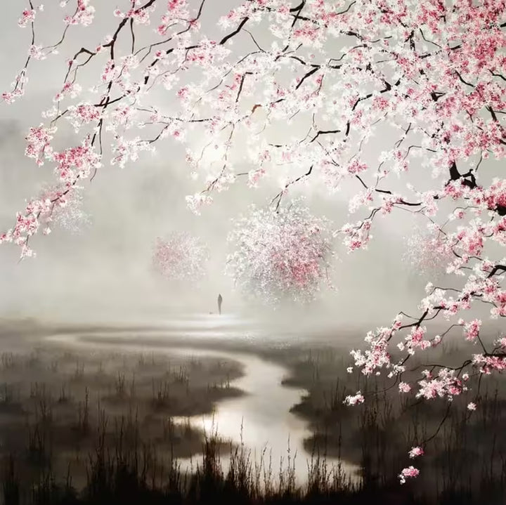 A John Waterhouse limited edition of a misty river with somebody walking in the distance and pink cherry blossoms in view, the title is Out In Nature