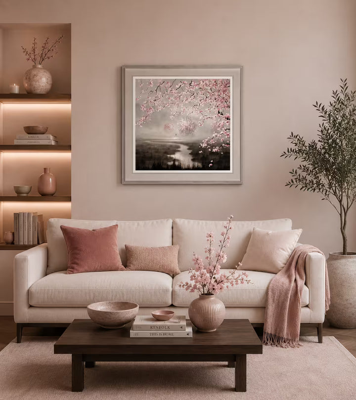 A John Waterhouse limited edition of a misty river with somebody walking in the distance and pink cherry blossoms in view, the title is Out In Nature