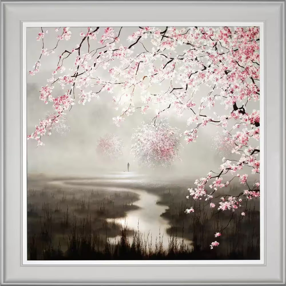 A John Waterhouse limited edition of a misty river with somebody walking in the distance and pink cherry blossoms in view, the title is Out In Nature