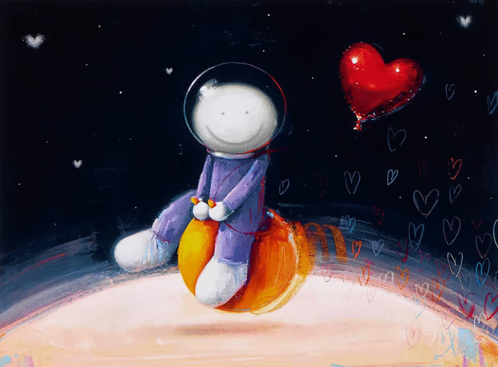 Over the Moon by Doug Hyde, an image of a spaceman riding a space hopper with hearts trailing behind available from Startle