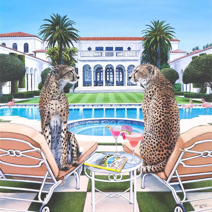 A Steve Tandy limited edition of two cheetahs sat by a pool with drinks, the title is Palm Beach Gossip 