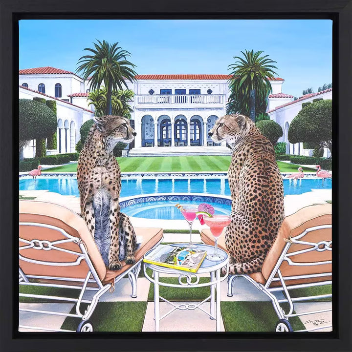 A Steve Tandy limited edition of two cheetahs sat by a pool with drinks, the title is Palm Beach Gossip 