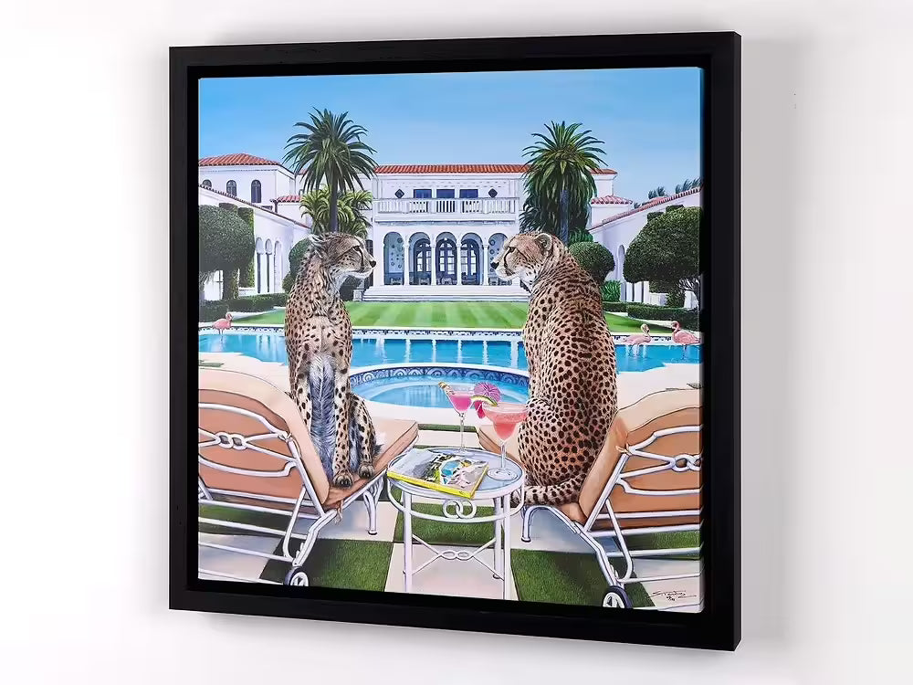 A Steve Tandy limited edition of two cheetahs sat by a pool with drinks, the title is Palm Beach Gossip 
