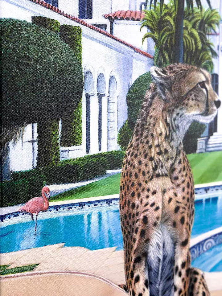 A Steve Tandy limited edition of two cheetahs sat by a pool with drinks, the title is Palm Beach Gossip 