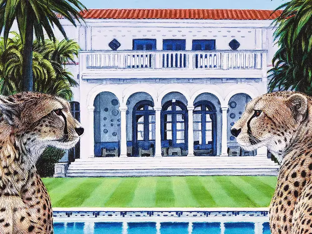 A Steve Tandy limited edition of two cheetahs sat by a pool with drinks, the title is Palm Beach Gossip 