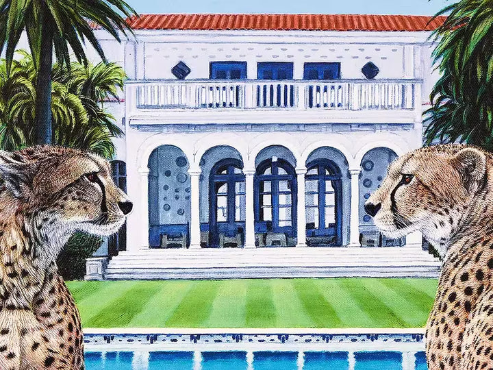 A Steve Tandy limited edition of two cheetahs sat by a pool with drinks, the title is Palm Beach Gossip 