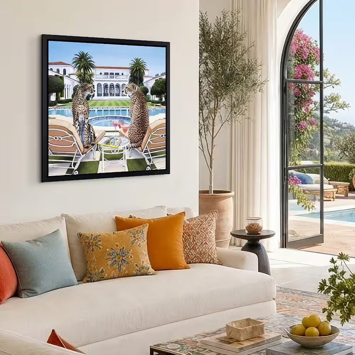 A Steve Tandy limited edition of two cheetahs sat by a pool with drinks, the title is Palm Beach Gossip 